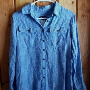 Lands End 100% Flax Linen Pinstripe Button-Down Blouse